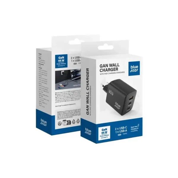 Blue star Punjač GAN 2 X USB-C + USB-A 65W VT-43 BLACK